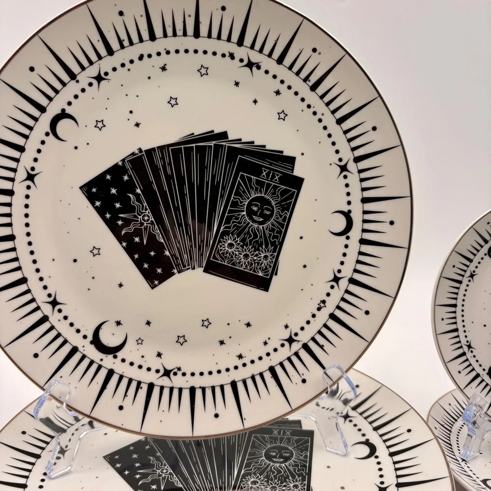 10 Strawberry Street Tarot Card Celestial Plate Set 4pc Black White Gold Gothic